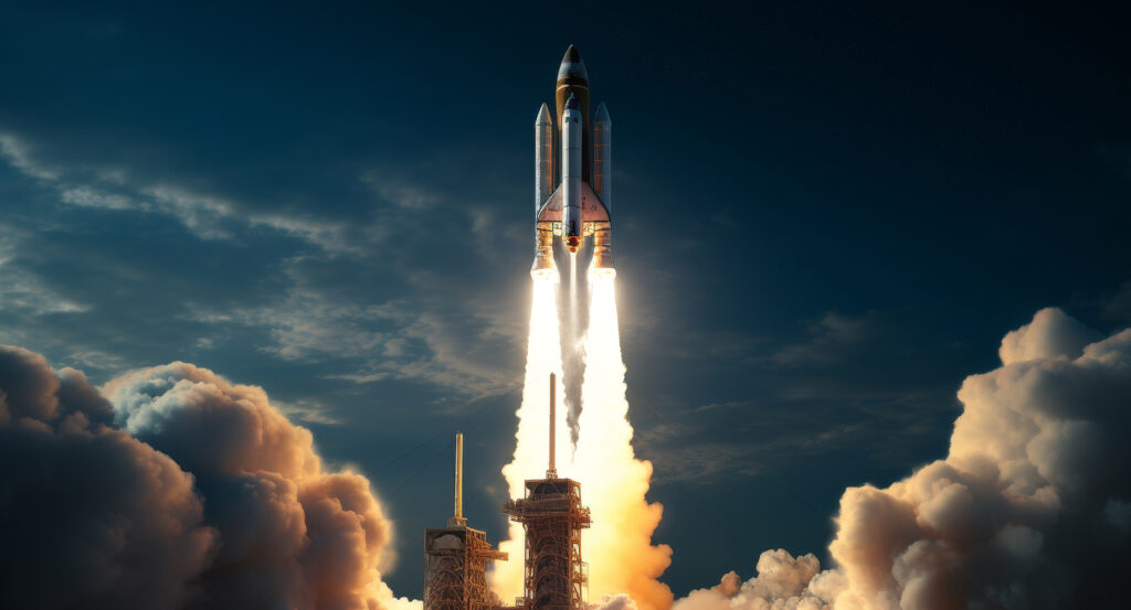 Spectacular view of rocket lift-off from Kennedy Space Center in Florida.