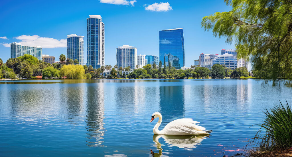 Orlando city skyline reflected in Lake Eola with swan in foreground