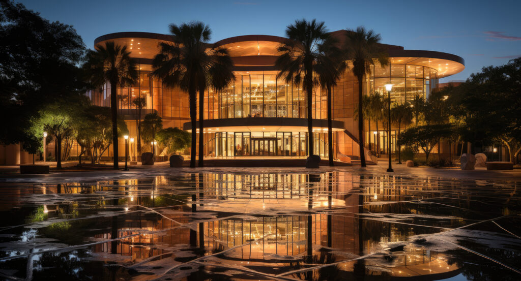 Reflections of Dr. Phillips Center glowing in downtown Orlando evening light