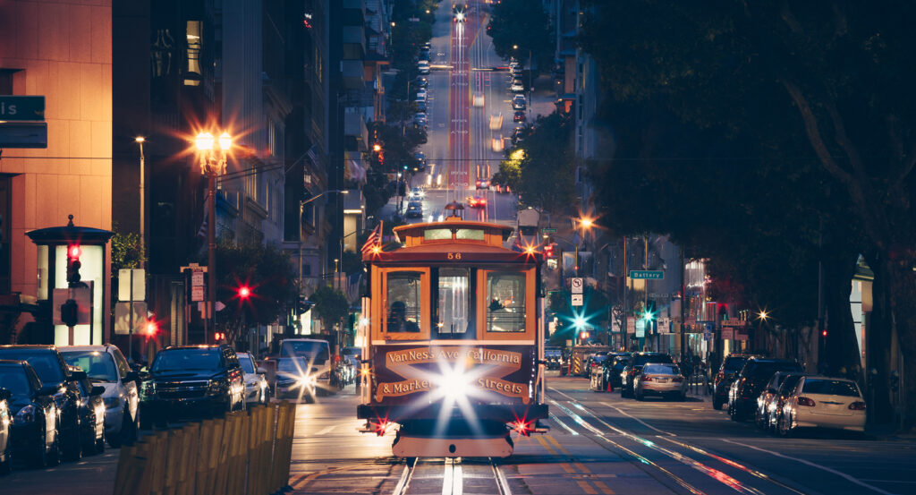 Iconic Powell-Hyde line cable car climbing a San Francisco hill