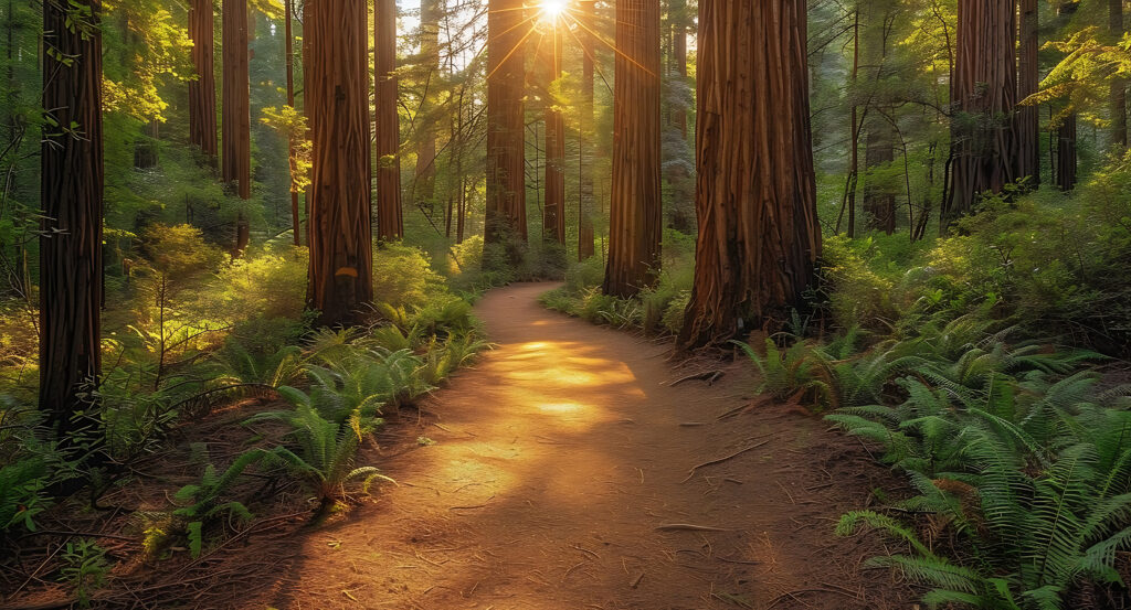 Scenic forest trail surrounded by towering redwood trees and ferns