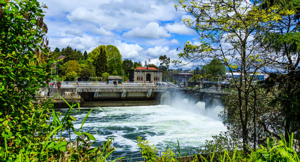 Ballard Locks fish ladder with rushing water and viewing windows