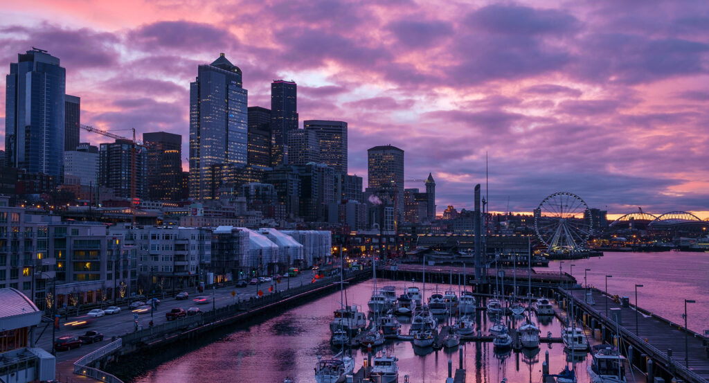 Twilight view of Seattle's Bell Harbor overlooking Elliott Bay