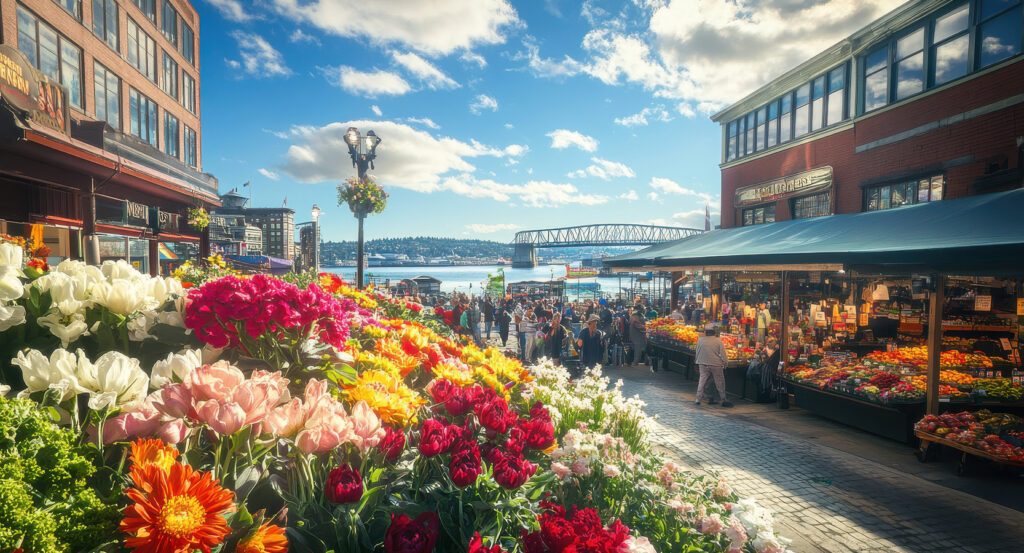 Shoppers exploring Pike Place Market surrounded by produce, flowers, and views of Puget Sound