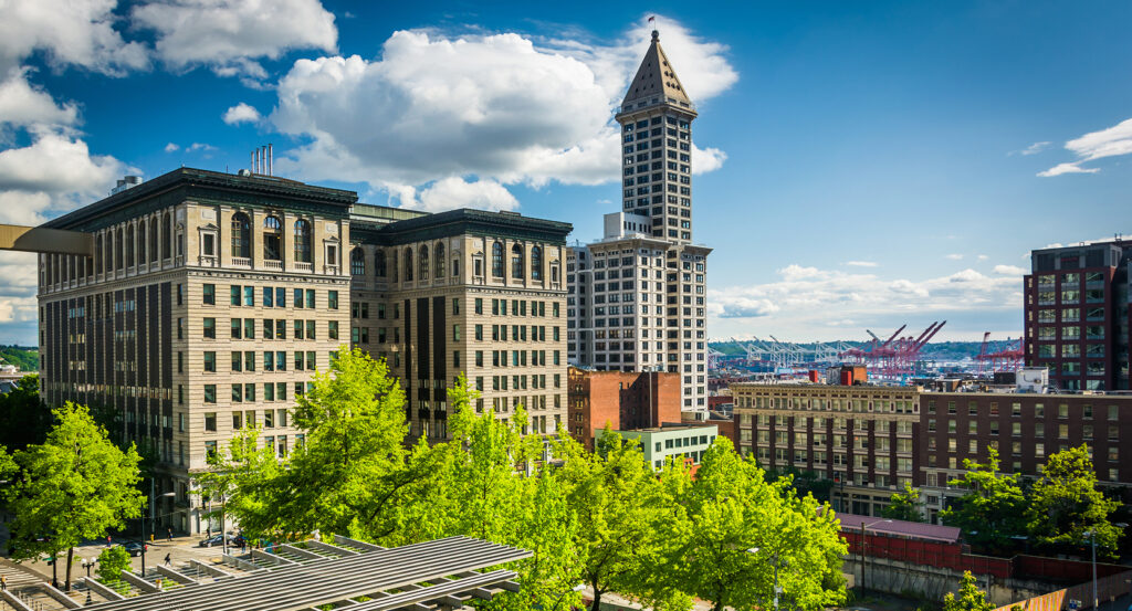 Pioneer Square and Smith Tower with Seattle skyline in the background