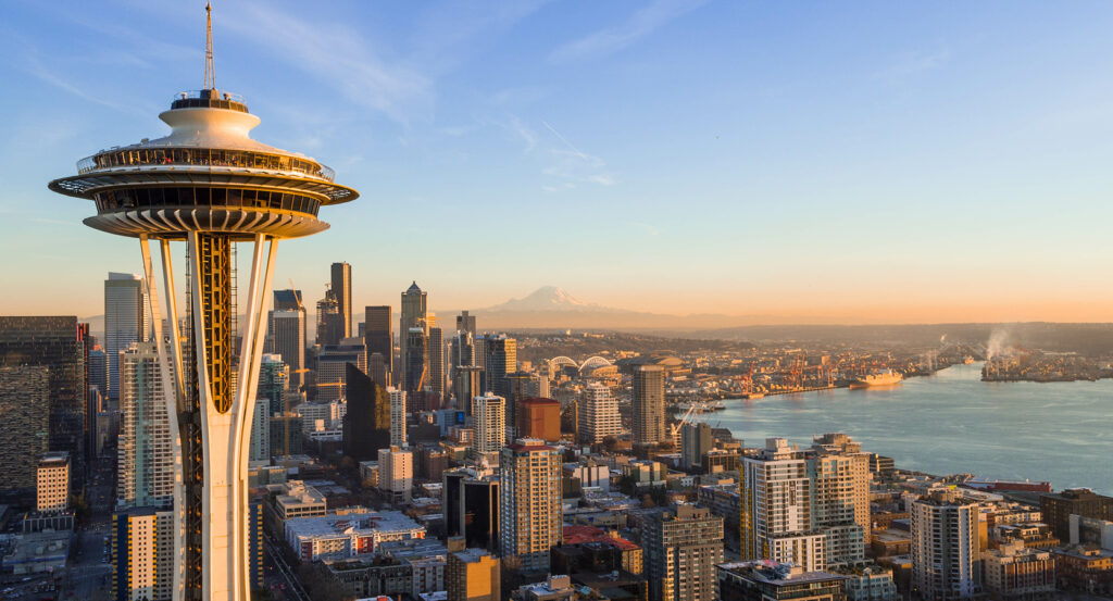 Panoramic view from the Space Needle overlooking downtown Seattle and Puget Sound