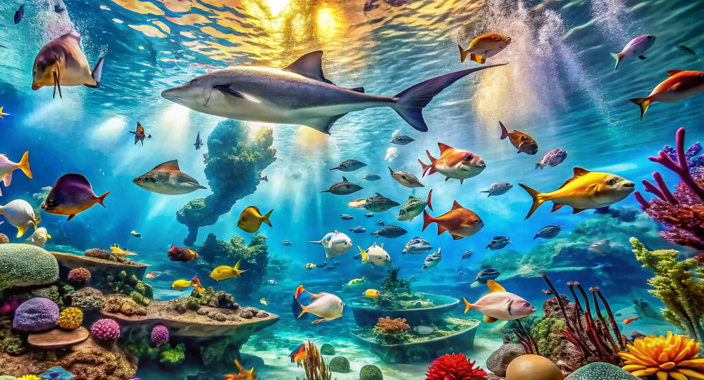 Visitors exploring underwater tunnel surrounded by marine life at SEA LIFE Orlando Aquarium.