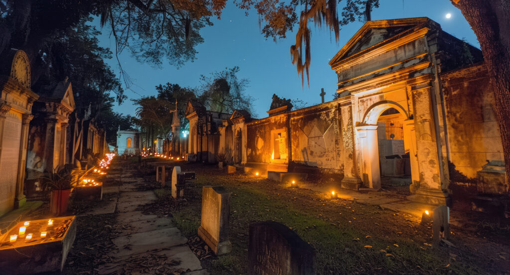 Tombs glowing with candlelight in St. Louis Cemetery, New Orleans