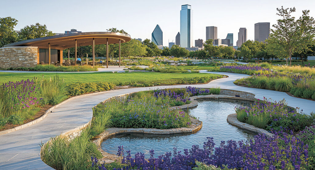 Winding paths and gardens at Klyde Warren Park in Dallas