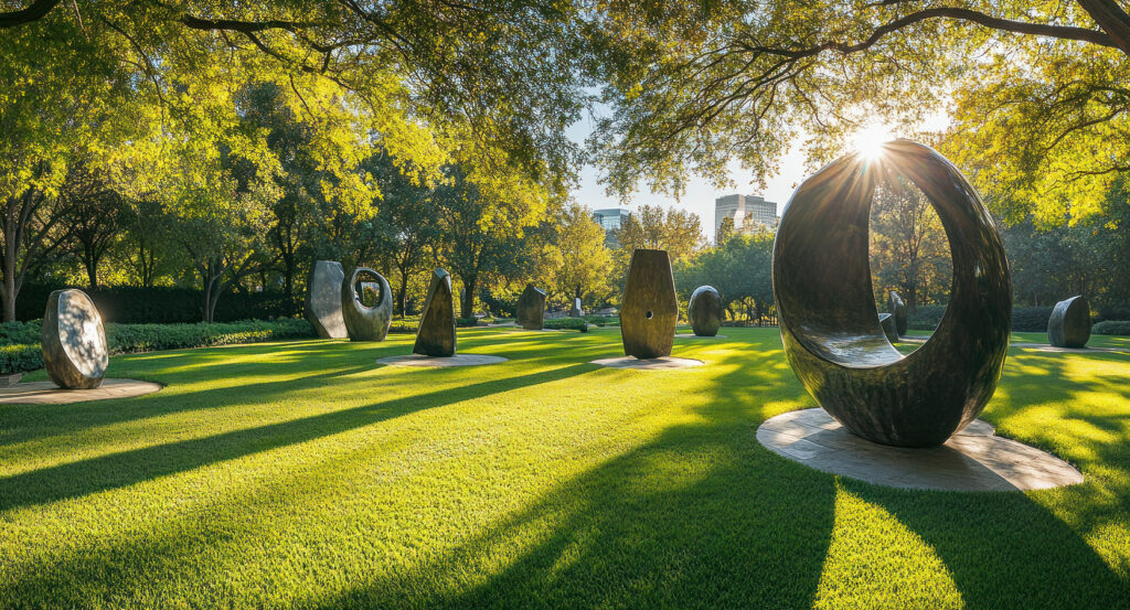 Sunlight through trees over bronze sculptures at Nasher Sculpture Center Dallas