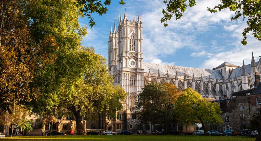 Westminster Abbey Gothic architecture with clock tower in London