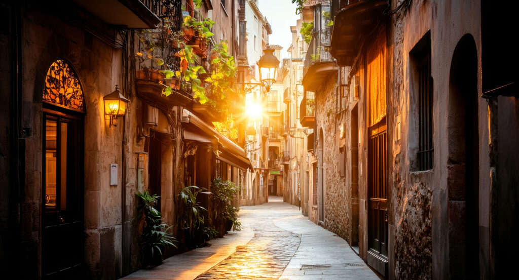 Lantern-lit alley in the Gothic Quarter of Barcelona with historic buildings