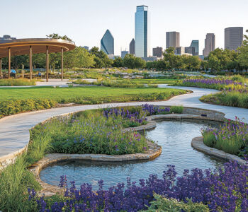 Klyde Warren Park with the downtown Dallas skyline.