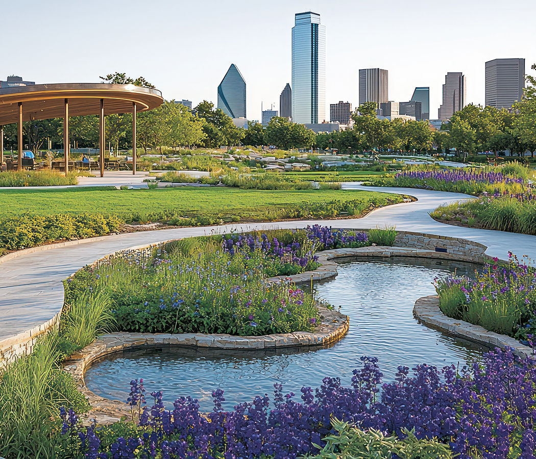 Klyde Warren Park with skyline view in Dallas