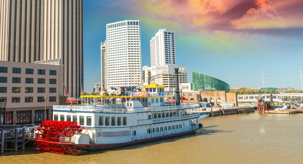 Paddlewheel of the Steamboat Natchez on the Mississippi at sunset