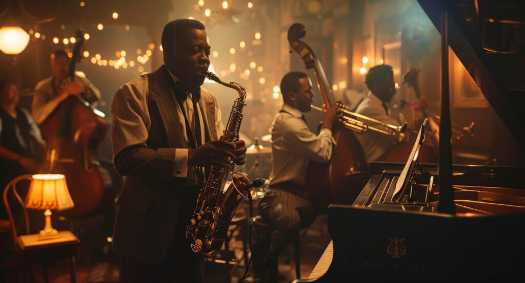 Classic jazz band performing in intimate club setting with warm lights.