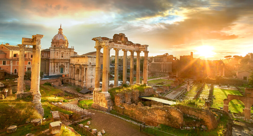 Ancient columns and temples of the Roman Forum in Rome