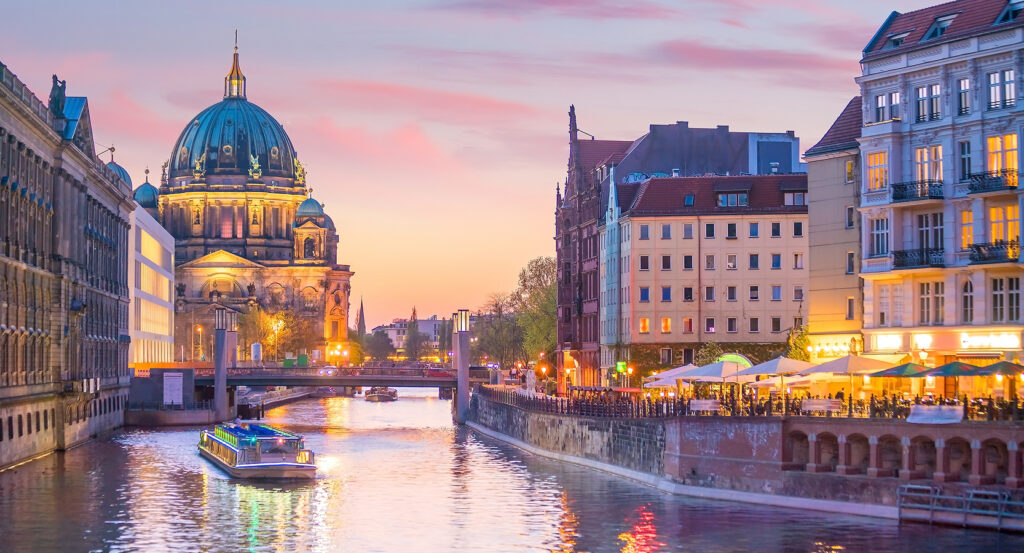 View of Museum Island Berlin with Berlin Cathedral at dusk