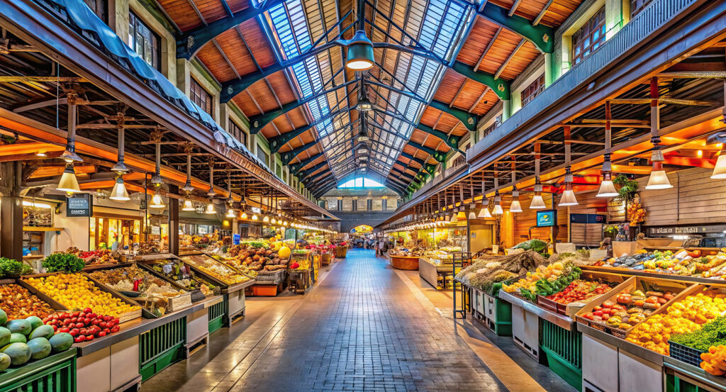 Colorful food stalls at La Boqueria Market, Barcelona’s iconic food hall
