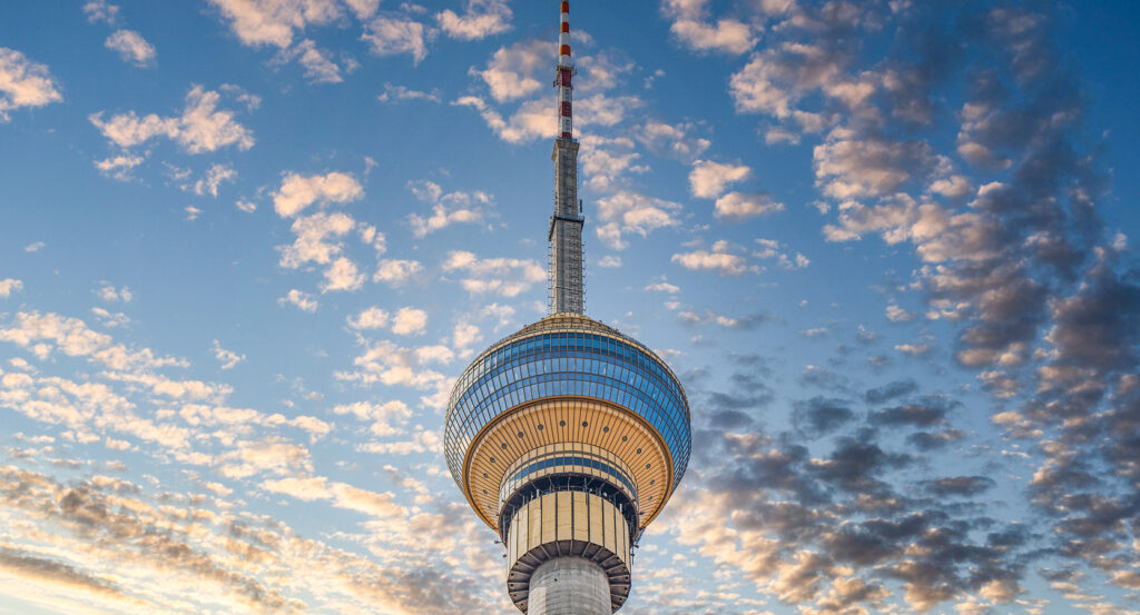Fernsehturm Berlin rising over the city skyline in evening light