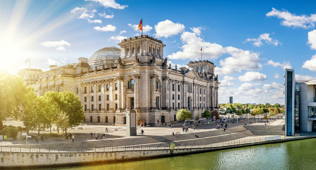 Glass dome of the Reichstag Building at sunset in Berlin