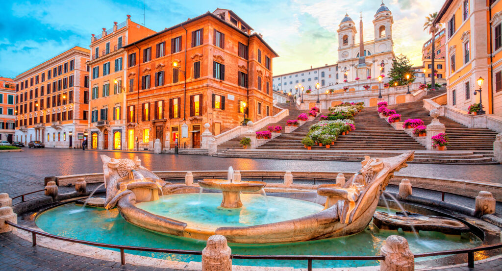 View of the Spanish Steps leading to Trinita dei Monti in Rome