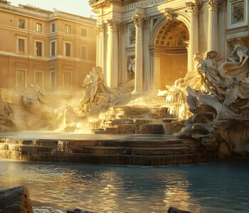 Trevi Fountain at sunset in Rome with glowing water and sculptures