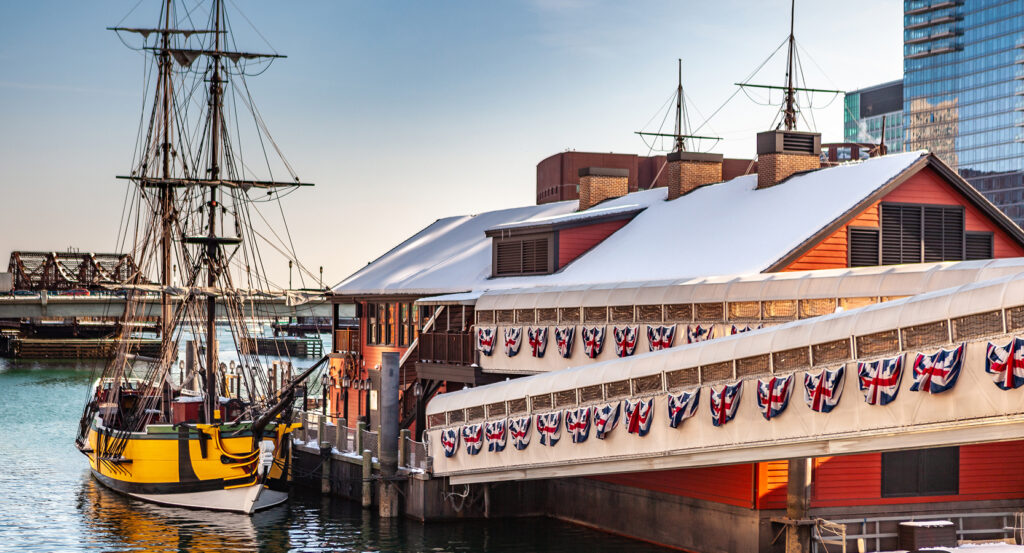 Boston Tea Party Museum with historic ship and waterfront walkway