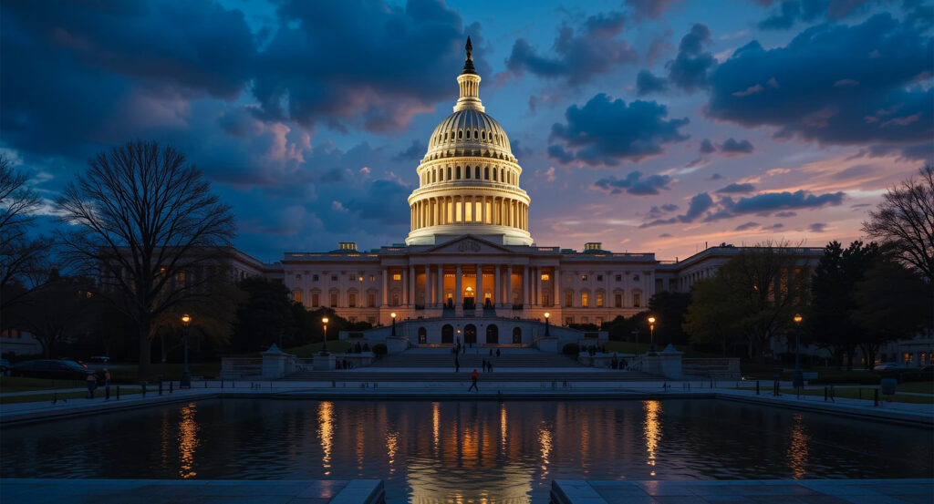 Reflection of US Capitol dome at dusk with dramatic clouds