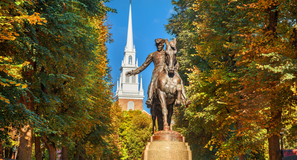 Autumn foliage framing Old North Church along Boston’s Freedom Trail