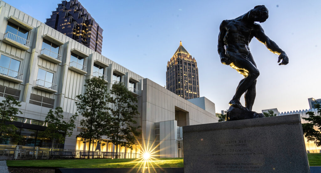 Rodin sculpture outside the High Museum of Art in Midtown Atlanta at sunset