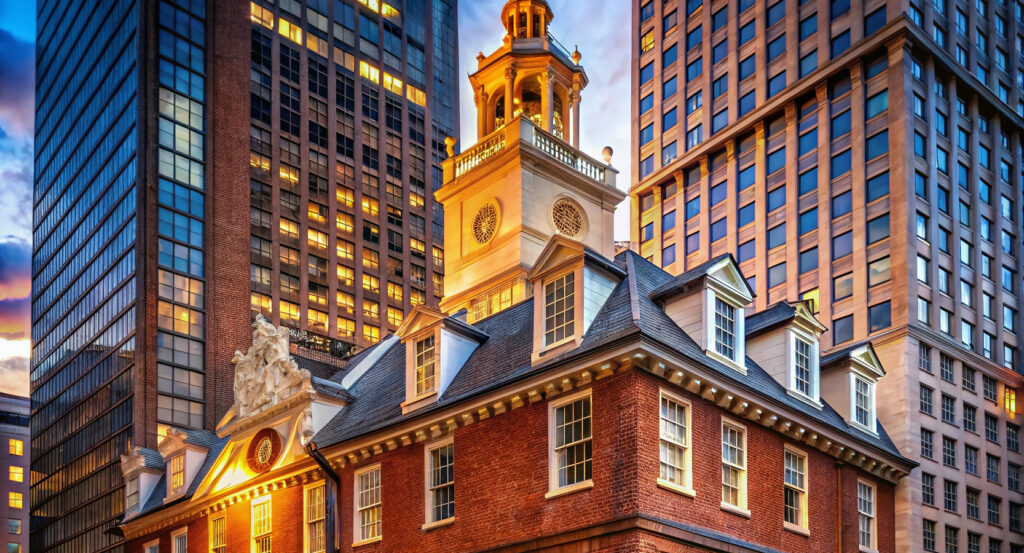 Historic Old State House surrounded by modern skyscrapers in Boston
