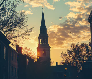 Old North Church rising above historic Boston streets at sunset in Massachusetts.