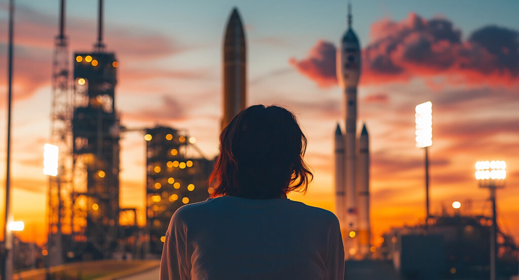 Visitor watching rockets at Space Center Houston in evening light
