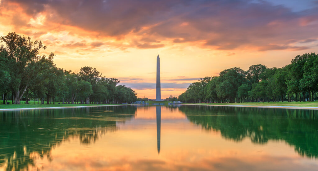 Washington Monument rising above the Reflecting Pool at the National Mall.