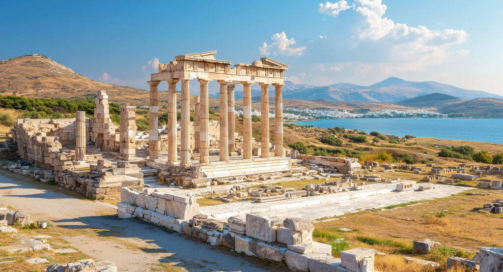 Columns and ruins of Delos Island near Mykonos at sunset.