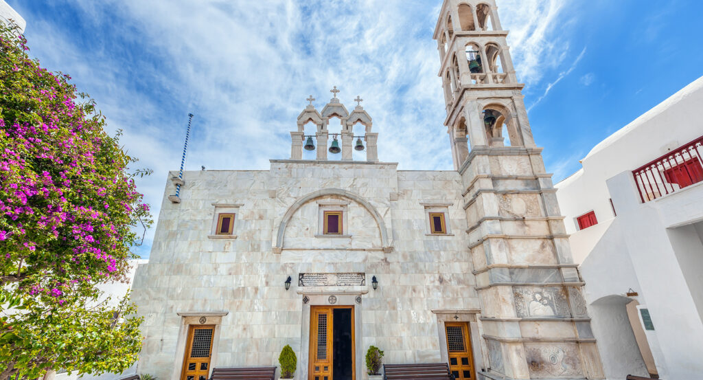 Whitewashed domes and bell tower of Panagia Tourliani Monastery Mykonos