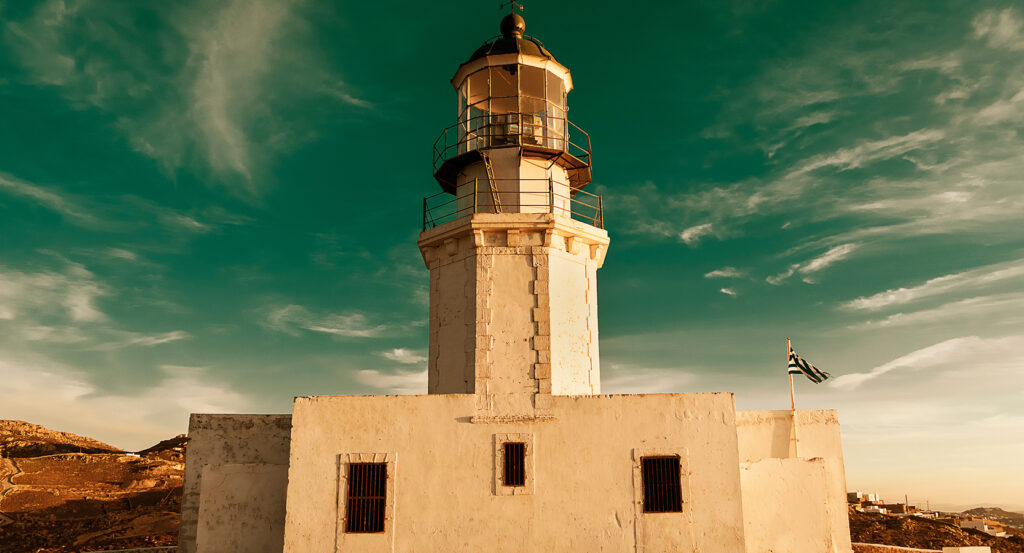 Historic Armenistis Lighthouse with sweeping views of the sea and islands