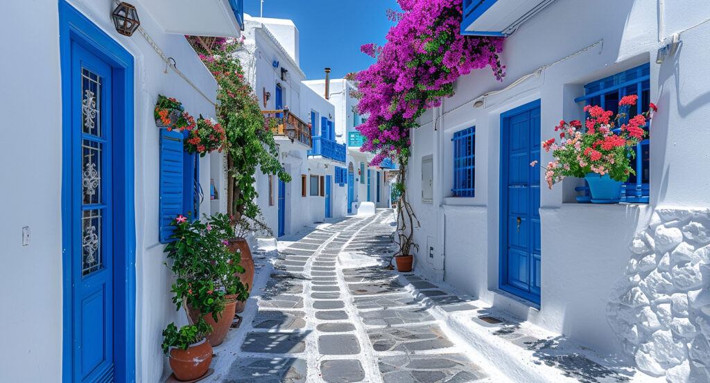 Bougainvillea and white houses line the streets of Mykonos Town.