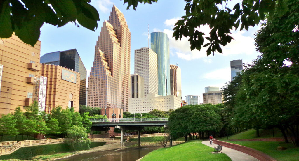 Scenic view of Buffalo Bayou Park with walking trails and waterway