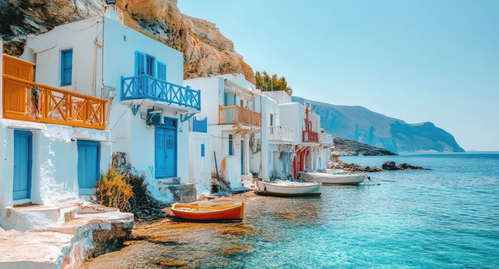 Colorful seaside homes and boats on Milos Island in the Cyclades