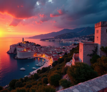 Sunset over Fort Lovrijenac and Dubrovnik’s coastline, with warm light illuminating the fortress and the Adriatic Sea.