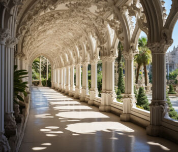 Sunlit Gothic cloisters of the Jerónimos Monastery with ornate arches, carved stonework, and shadows across the walkway.
