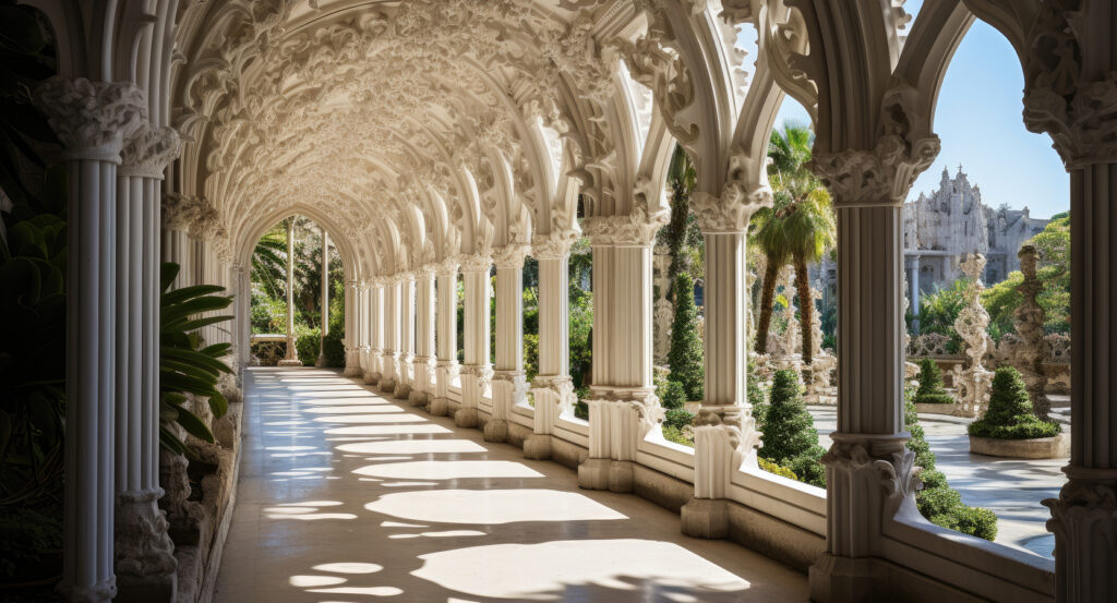 Sunlit arched walkway inside Jerónimos Monastery with intricate stone carvings