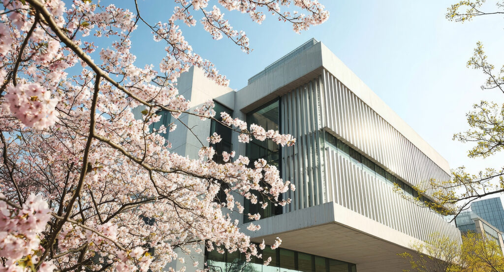 Modern architecture of the Museum of Fine Arts, Houston with spring blooms