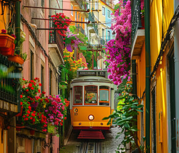 Classic yellow tram passing through a narrow, flower-lined street in Lisbon’s historic Alfama district.