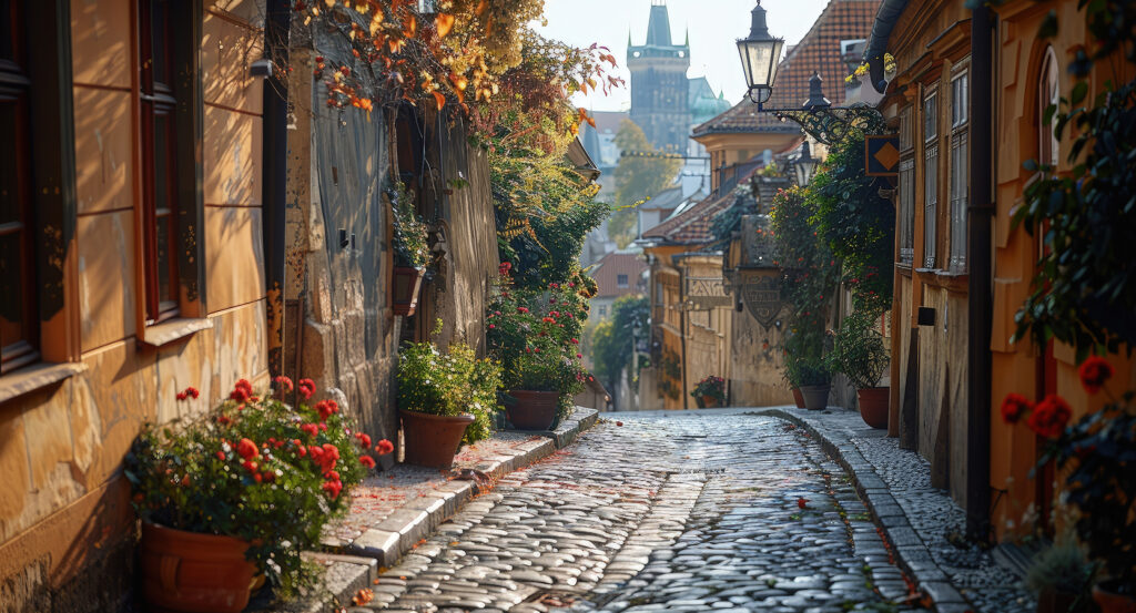 Narrow street view of Prague’s Jewish Quarter with old houses and church tower in background