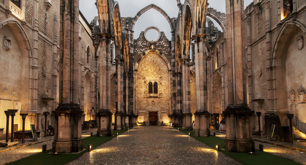 Arches of Carmo Convent Ruins rising to the sky in Lisbon