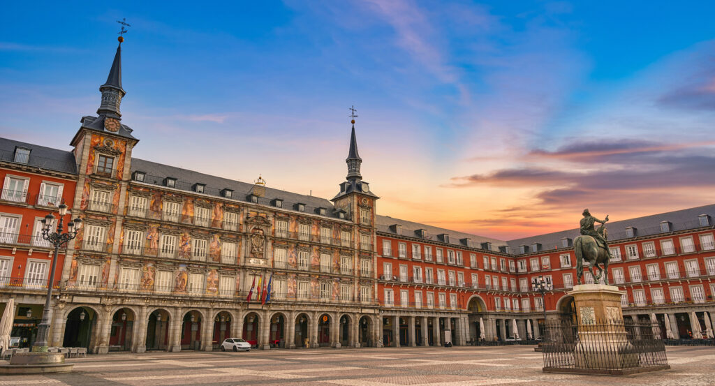 Wide view of Plaza Mayor in Madrid at sunrise