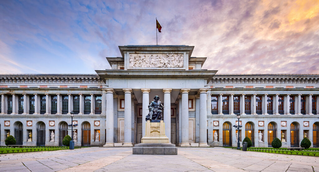 Exterior of the Prado Museum at sunrise in Madrid